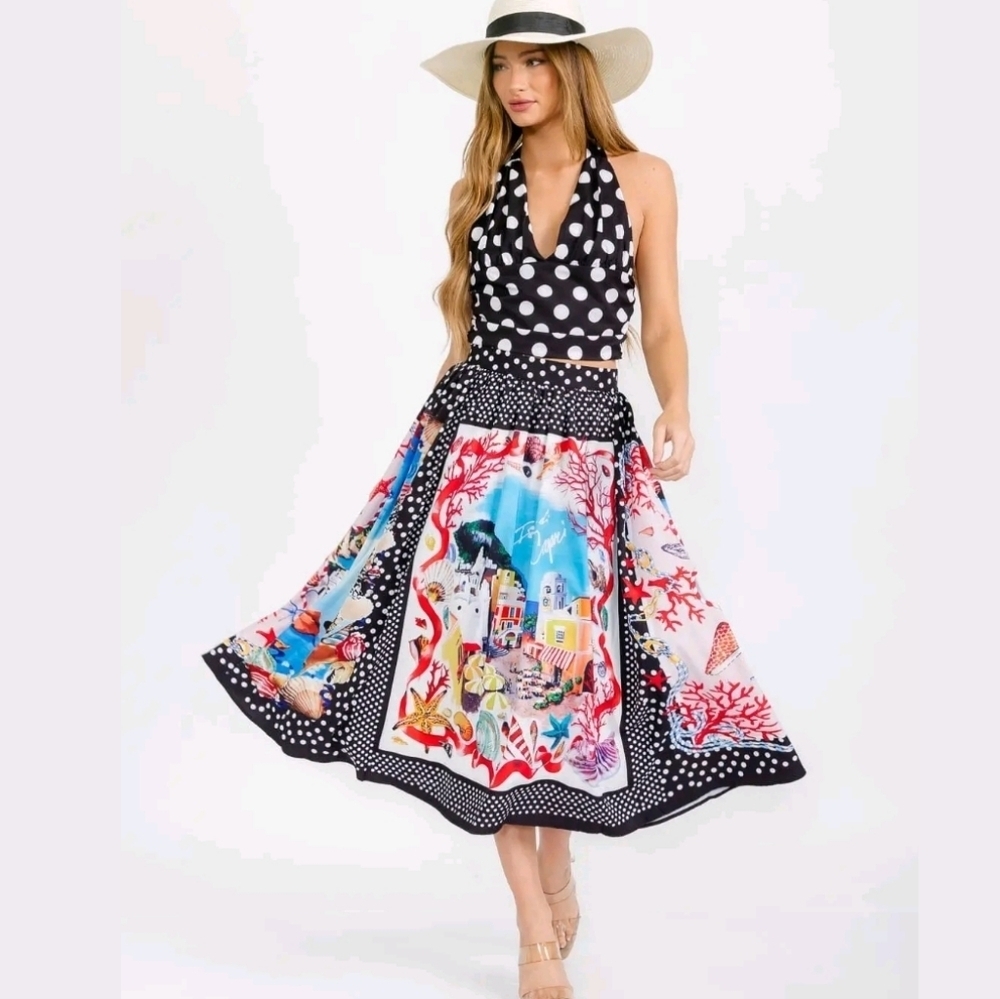 Peekskill Crop Top Midi Skirt Polkadot Multi Print 2PC. Set New